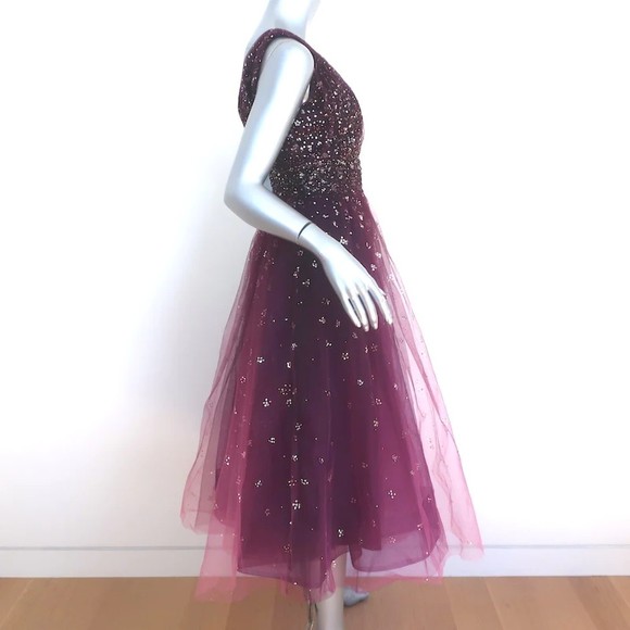 Marchesa Notte Ombre Glitter Tulle Dress Wine Size 12 Sleeveless V-Neck - Picture 4 of 8